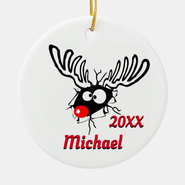Personalised Dated Funny Reindeer Ceramic Tree Decoration (Front)