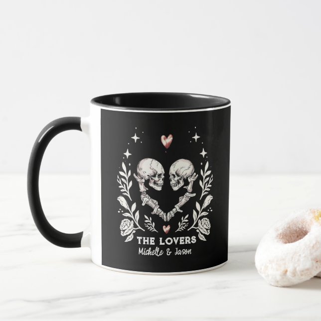 Personalised Death Lovers Couple Gothic Skeleton  Mug (With Donut)