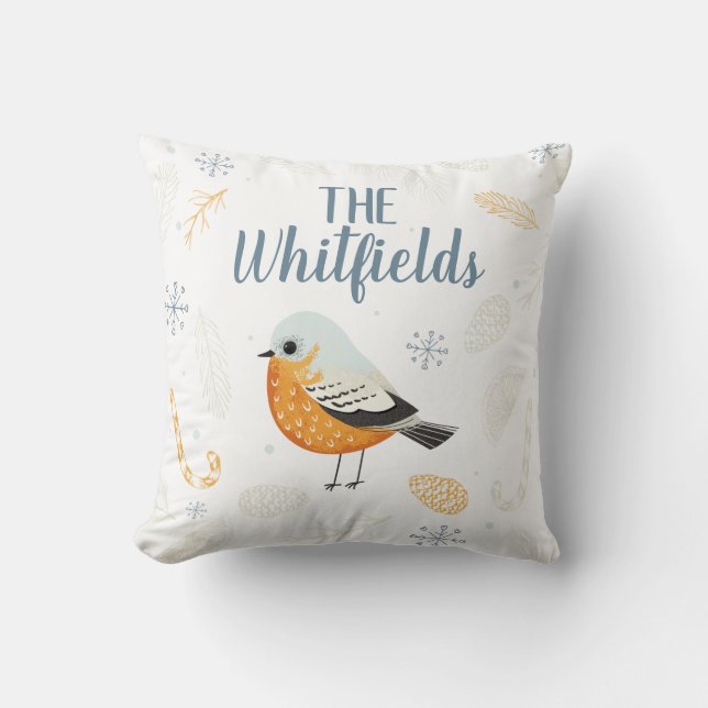Personalised Decorative Robin Snowflakes Christmas Cushion (Front)