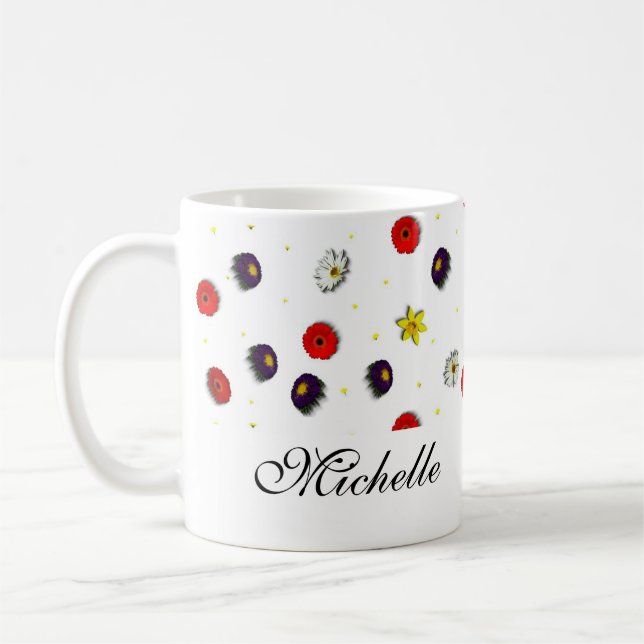 Personalised decorative spring flowers white coffee mug (Left)