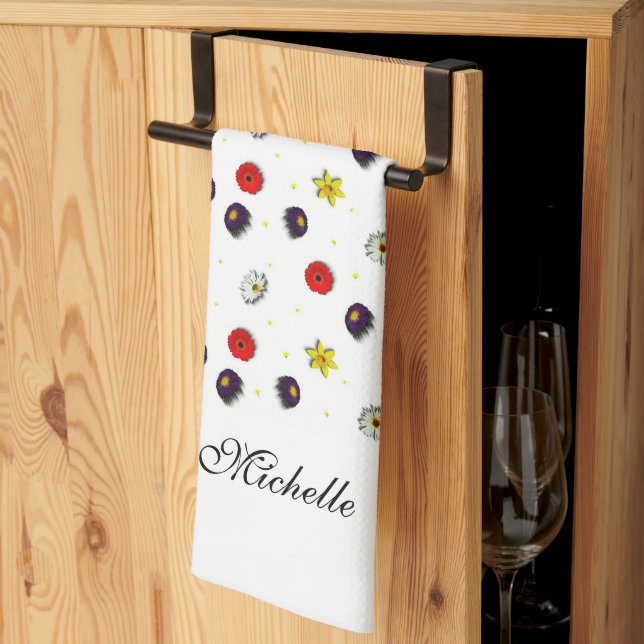 Personalised decorative spring flowers white tea towel (Thirds Fold)