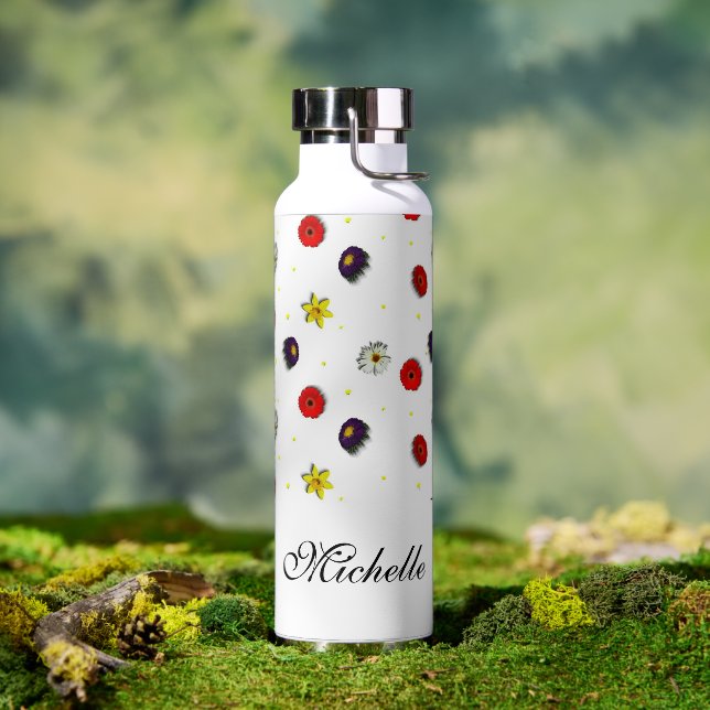 Personalised decorative spring flowers white water bottle (Outdoor)