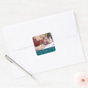 Personalised Deep Teal Photo Name and Date Gift Square Sticker