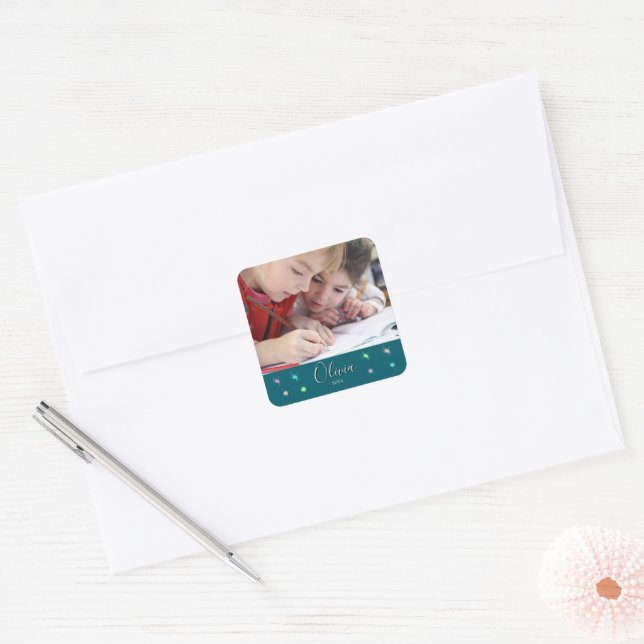 Personalised Deep Teal Photo Name and Date Gift Square Sticker (Envelope)