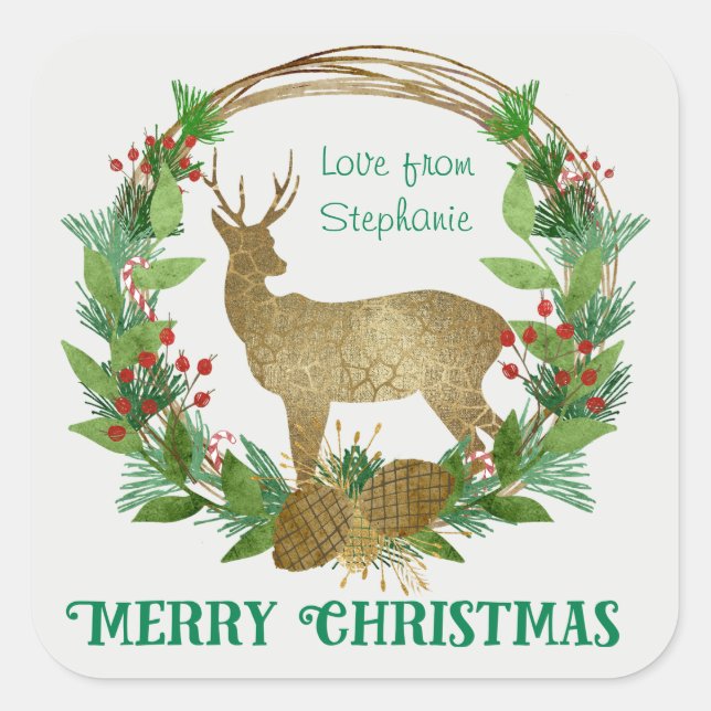 Personalised Deer and Pine Bough Christmas Wreath Square Sticker (Front)