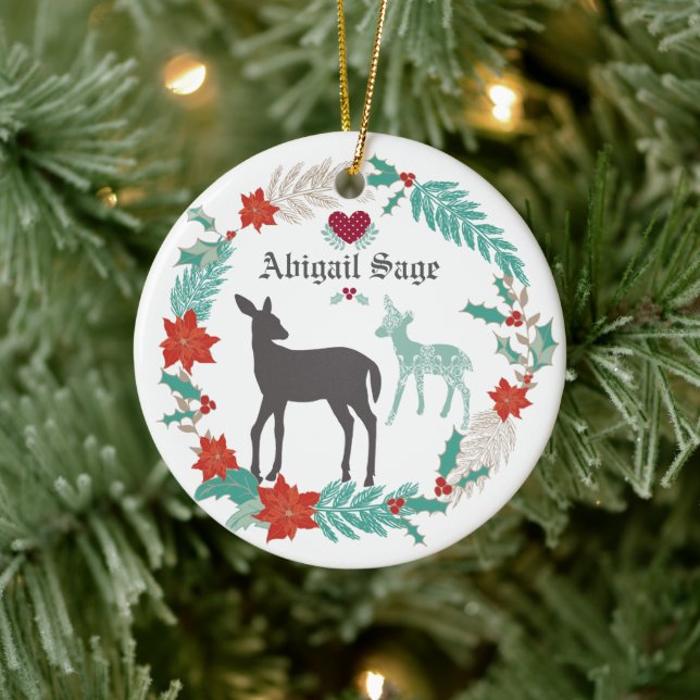 Personalised Deer and Wreath Baby's 1st Christmas Ceramic Tree Decoration (Tree)