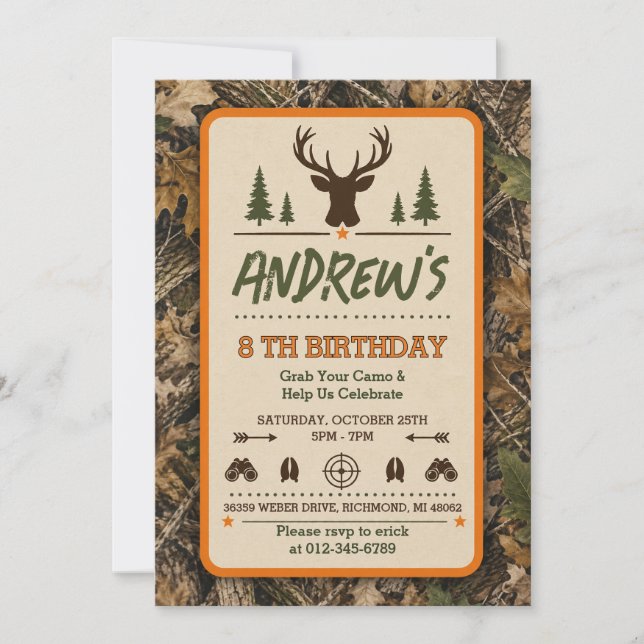 Personalised Deer Boy Hunting Birthday Invitation (Front)