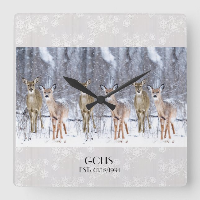 Personalised Deer in Snow Christmas / Winter Square Wall Clock (Front)