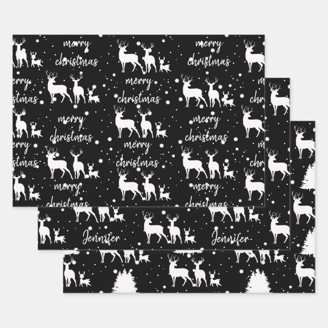 Personalised Deer & Star Pattern Christmas Black Wrapping Paper Sheet (Set)