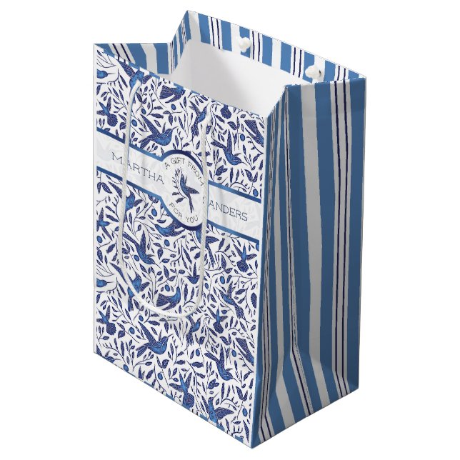 Personalised Delft Blue Birds Medium Gift Bag (Front Angled)
