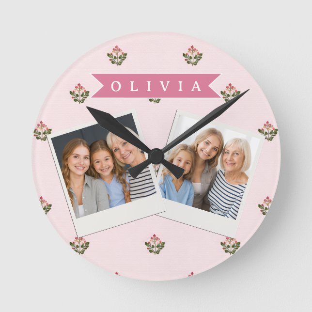 Personalised Delicate Botanical Floral Romantic Round Clock (Front)
