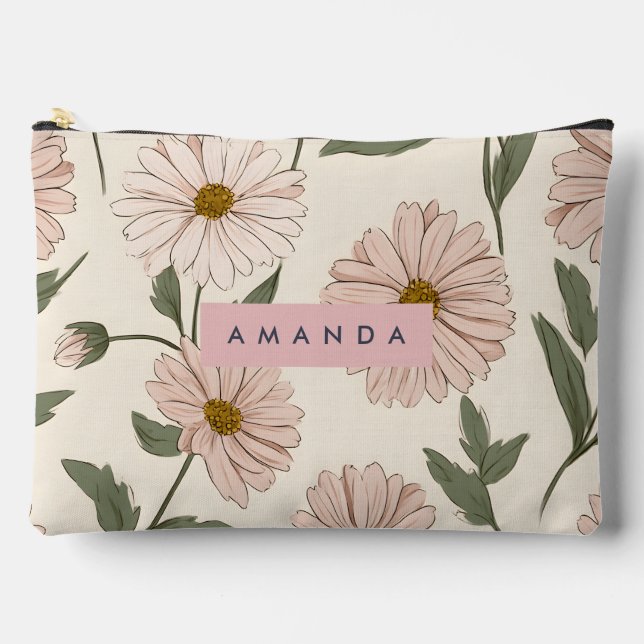 Personalised Delicate Pink Daisy Illustration Accessory Pouch (Front)