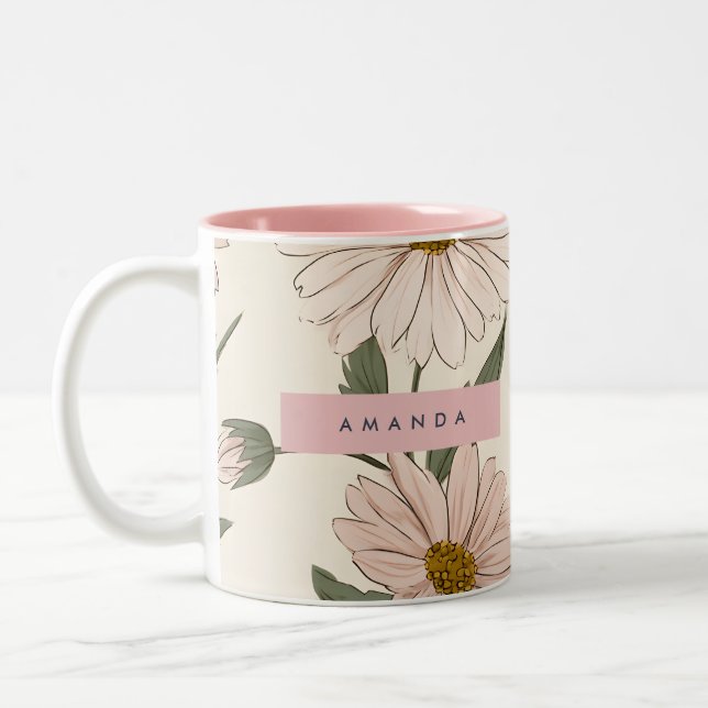 Personalised Delicate Pink Daisy Illustration Two-Tone Coffee Mug (Left)