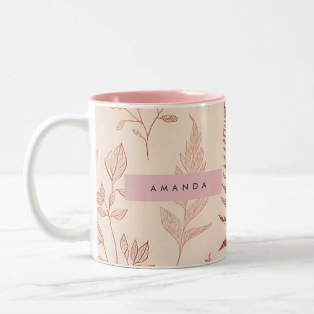 Personalised Delicate Terracotta Leaf Sketch  Two-Tone Coffee Mug (Left)