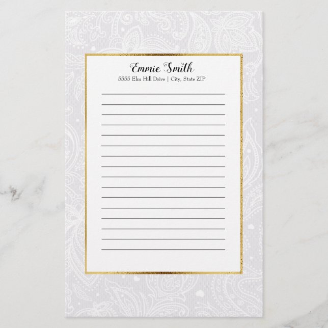Personalised Delicate White Paisley Lace Stationery (Front)