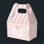 Personalised Demask Blush Pink Coquette Birthday Favour Box<br><div class="desc">Introducing our "Personalised Demask Blush Pink Coquette Birthday Favour Boxes, " the perfect addition to any elegant celebration. These favour boxes feature a sophisticated blush pink design with a minimalist watercolor ribbon, embodying both modern elegance and grandma chic charm. The phrase "The Bow Must Go On" adds a whimsical yet...</div>