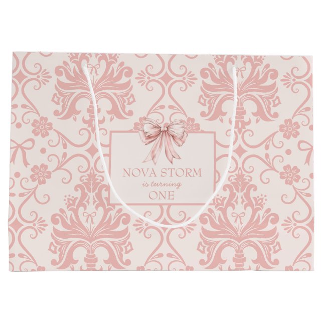 Personalised Demask Blush Pink Coquette Milestone Large Gift Bag (Back)