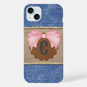 Personalised Denim & Leather with Pink Bow iPhone 15 Plus Case