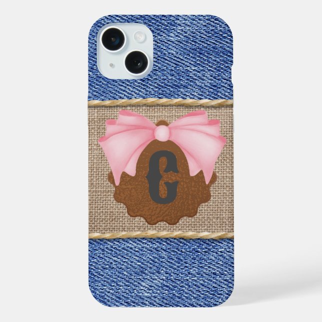 Personalised Denim & Leather with Pink Bow iPhone Case (Back)