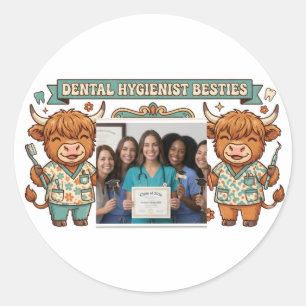 Personalised Dental Hygienist Besties Highland Cow Classic Round Sticker
