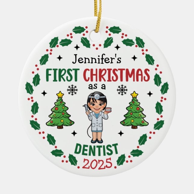 Personalised Dentist First Christmas Tree Round Ceramic Tree Decoration (Front)