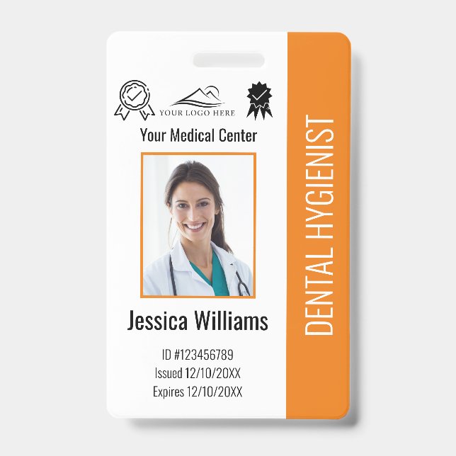 Personalised Dentist Office Logo Photo ID Orange Badge (Front)