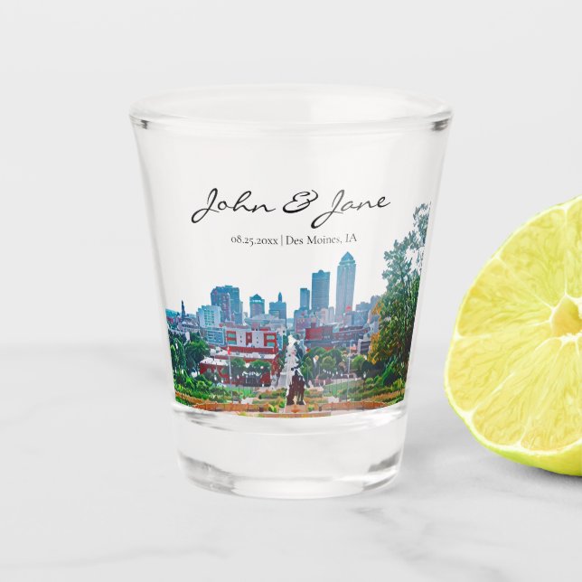 Personalised Des Moines Iowa Skyline Shot Glass (Front)