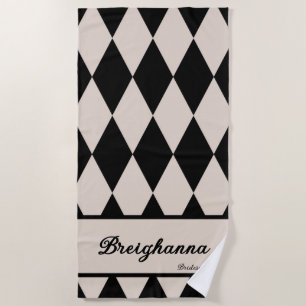 Personalised Diamond Chequered Black + Beige  Beach Towel