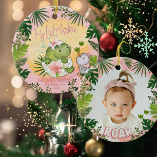 Personalised Dino 'My First Christmas' Photo  Ceramic Tree Decoration