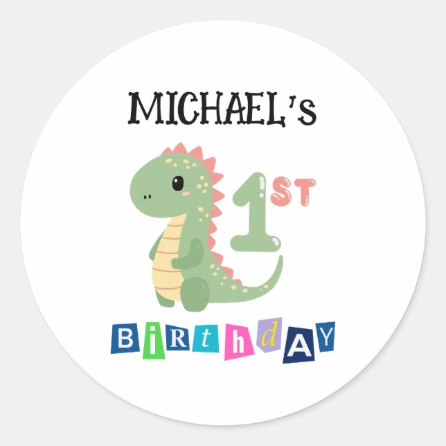 Personalised Dinosaur 1st Birthday Classic Round Sticker (Front)