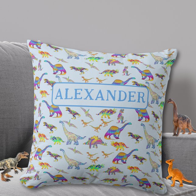 Personalised Dinosaur Blue Cushion (Colorful dinosaur pattern custom name blue pillow for Jurassic dino lovers)