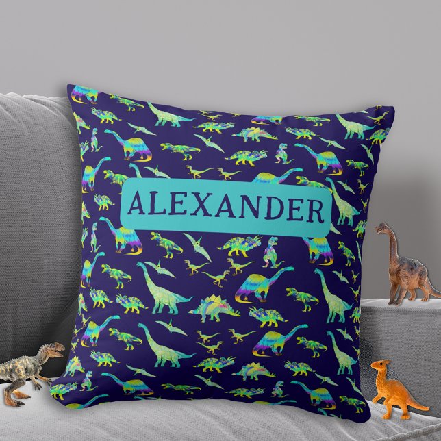 Personalised Dinosaur Blue Cushion (Colorful dinosaur pattern boys personalized name navy blue and teal green pillow Fun dino home decor)