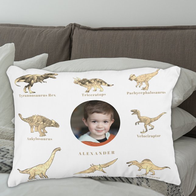 Personalised Dinosaur Boys Photo and Name Decorative Cushion (Dinosaur boys personalized photo and name white pillow educational Dino names for kids)