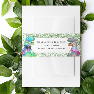 Personalised Dinosaur Bride & Groom Custom Wedding Invitation Belly Band