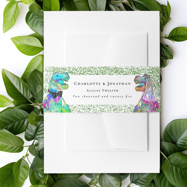 Personalised Dinosaur Bride & Groom Custom Wedding Invitation Belly Band (Funny colorful watercolor Dinosaur bride and groom Jurassic wedding invitation custom belly bands)