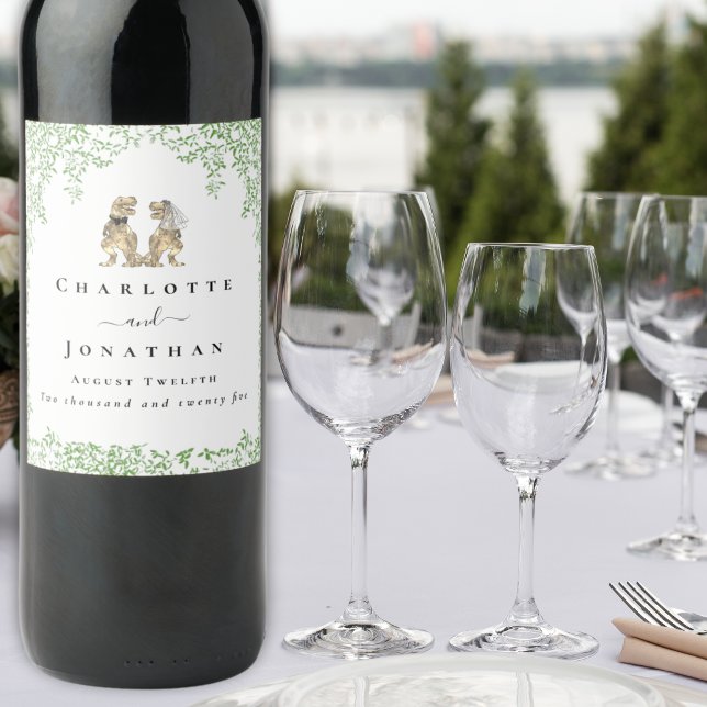 Personalised Dinosaur Bride & Groom Wedding Wine Label (T-Rex bride and groom dinosaur wedding custom wine labels Watercolor eucalyptus foliage T-Rex couple)