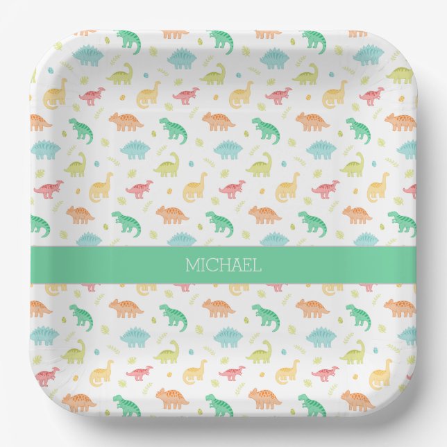 Personalised Dinosaur Paper Plate – Green Blue  (Front)