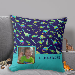Personalised Dinosaur Photo Name Blue Cushion