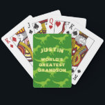 Personalised dinosaur playing cards for grandson<br><div class="desc">Personalised dinosaur playing cards for grandson. Cute Birthday or Christmas gift idea for grandchild, children, son, nephew, stepson and other family members. Green prehistoric Tyrannosaurus rex pattern design with custom name and message. Cool game cards with t-rex animal silhouette image and wild letters. Also nice as party favour for guests...</div>