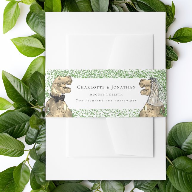 Personalised Dinosaur Theme Wedding Invitation Belly Band (Dinosaur bride and groom custom wedding invitation belly bands Watercolor foliage Jurassic T-Rex )