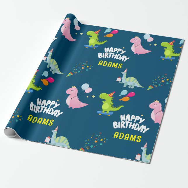 Personalised Dinosaurs kids Birthday Wrapping Paper (Unrolled)