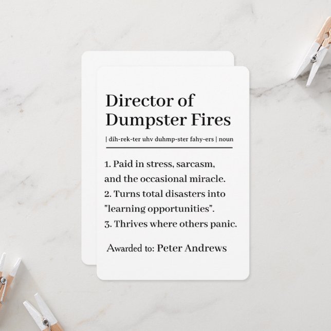 Personalised Director of Dumpster Fires Card (Front/Back In Situ)