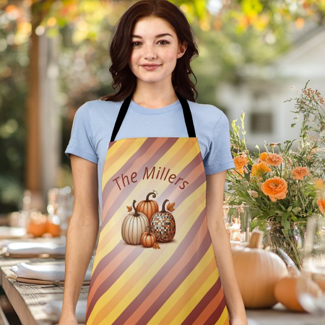 Personalised Disco Pumpkin Family Name Fall Apron (Fall Autumn Orange Pumpkins striped Personalized Apron)