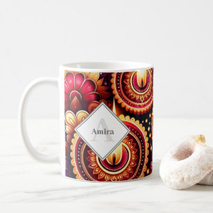 Personalised Diwali Red and Purple Rangoli & Diyas Coffee Mug