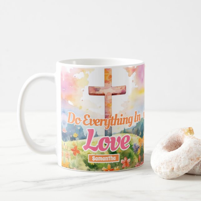 personalised Do Everything In Love Christian Coffee Mug (With Donut)