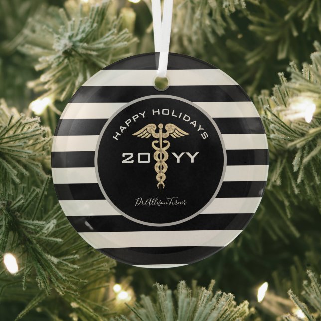 Personalised Doctor Medical Caduceus Christmas Glass Tree Decoration (Insitu)