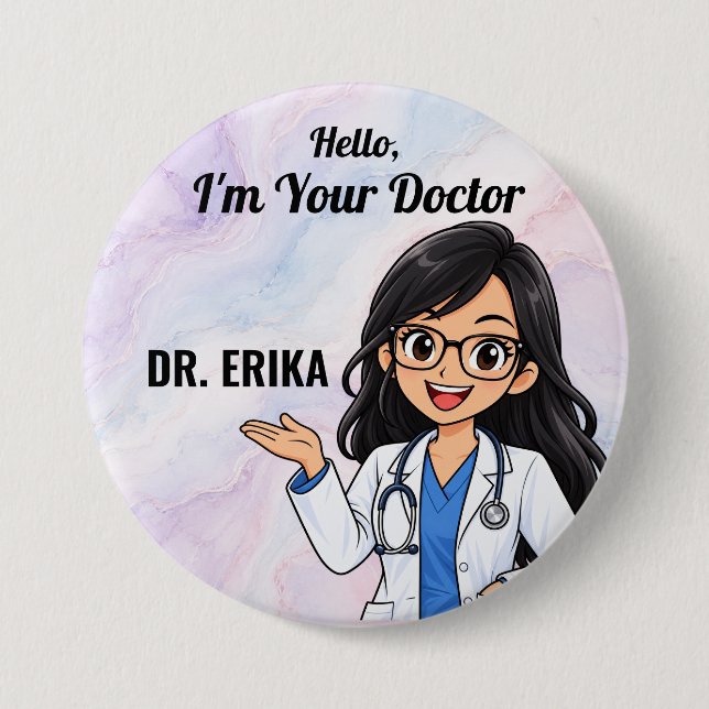 Personalised Doctor with Glasses Name Button (Front)