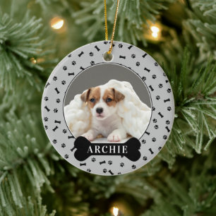 Personalised Dog Bone & Pawprint Holiday Photo Pet Ceramic Tree Decoration