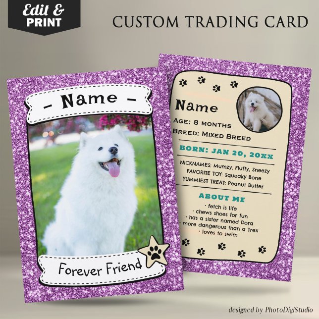 Personalised Dog Cards Pet Trading Card Template (Glitter Pink Pet Trading Card Dog Trading Card Therapy Dog)