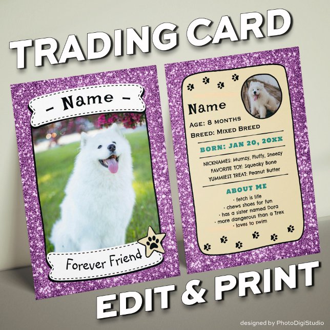 Personalised Dog Cards Pet Trading Card Template (Glitter Pink Pet Trading Card Dog Trading Card Therapy Dog)